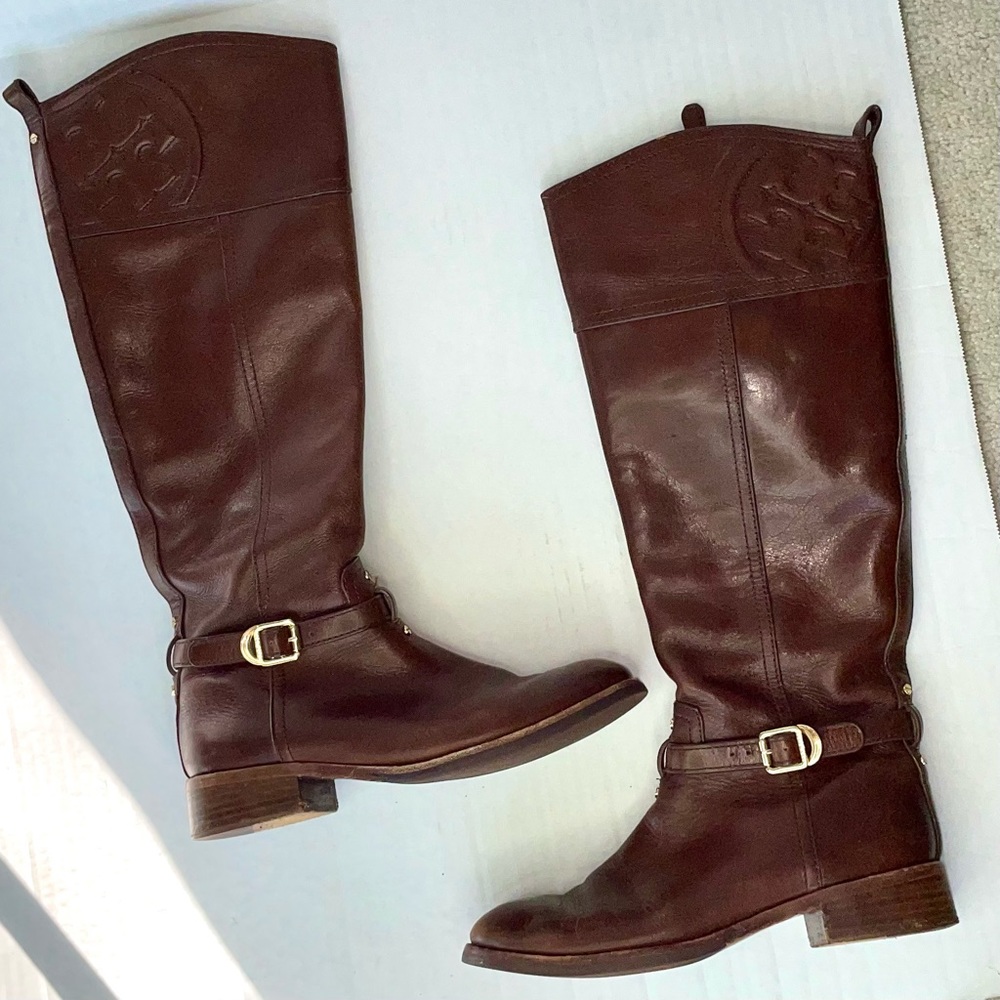 EUC Tory Burch Marlene leather tall riding brown logo boots - Picture 2 of 8
